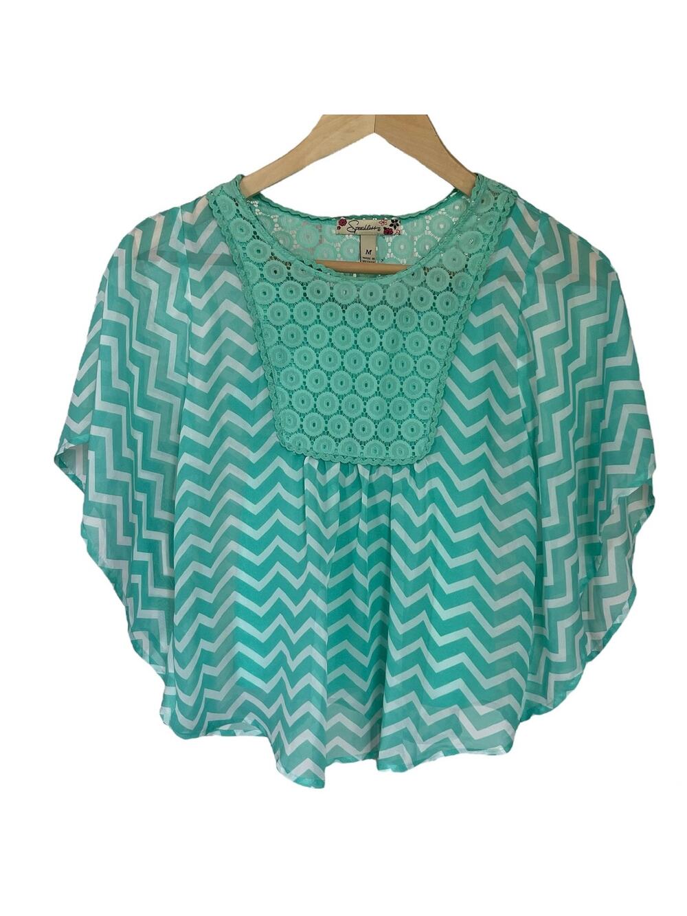 Girls M Speechless Crochet Lace Mint White Chevron Print Sheer Blouse Tank Set